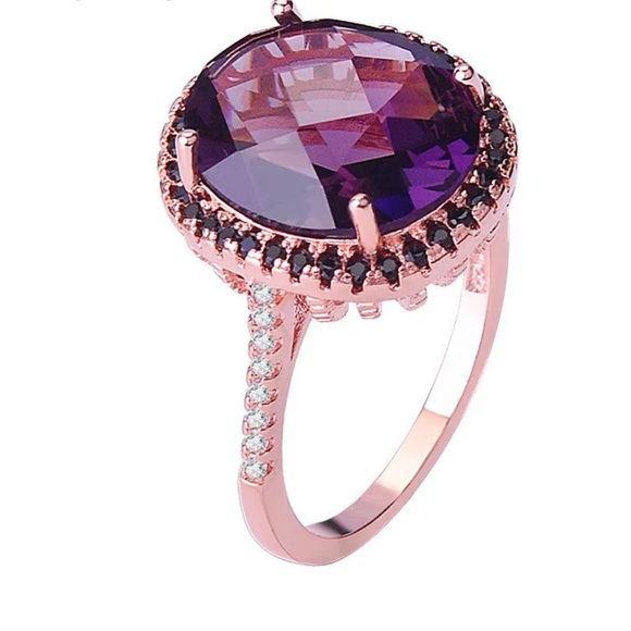 New Rose Gold Plated Big Oval Purple Amethyst Engagement Ring - Picture 4 of 6
